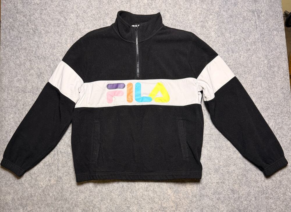 FILA Black Logo Spell Out Polyester Fleece 1/4 Zip Retro Pullover Women's